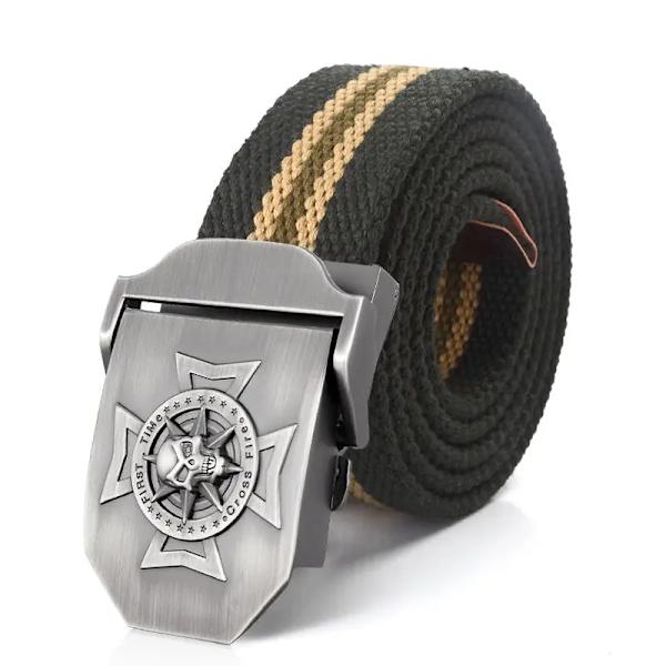 BOKADIAO Herr & Kvinnor Militär Canvas bälte lyxigt midjeband Skalle Cross Metal spänne jeans bälte Army taktiska bälten för manlig rem Green stripe 90cm