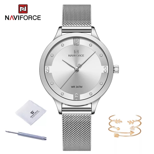 NAVIFORCE modeklockor för kvinnor högkvalitativ kvarts damklocka Mesh rostfritt stål Sliver blå vattentät damarmband SW