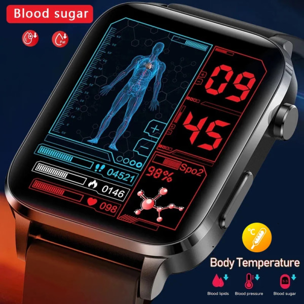 Smärtfri Icke-invasiv åtgärd Blodsocker Watch Män Laserbehandling Blodtryck Hälsa Kvinnor Glukometer Smartwatch Black Mesh Belt