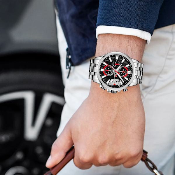MINI FOCUS Luxury Sports Quartz Watch för män Mode Chronograph Multifunktion Vattentäta klockor Rostfritt stål Armband Klocka BOX RAINBOW BLUE