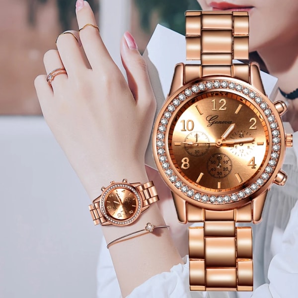 Reloj Mujer 2022 Klockor Dam Klassiska Geneva Lyx Damklockor Dam Full Steel Crystal Relogio Feminino Metal Armbandsur 1pc Watch Gold
