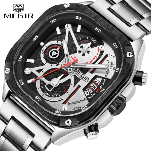 MEGIR Silver Quartz Watch Herr Vattentät fyrkantig urtavla Armbandsur Mode Chronograph Rostfritt stål Armband Lysande Visar Datum Black Red