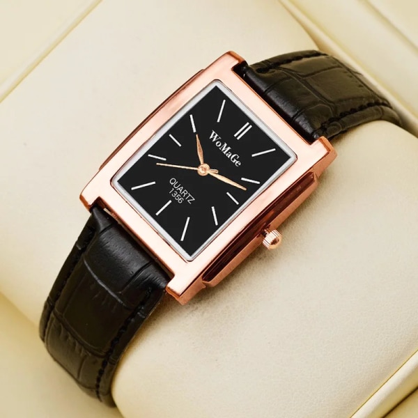 2022 Ny fyrkantig watch roséguld silverfodral case Mode lyxmärke Läderband Quartz Clock Montre Homme Vintage Type 5