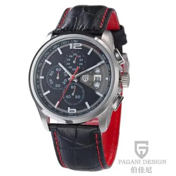 Pagani Design New Chronograph Stop Watch Luminous Watch Single Calendar Sports Läderklockor för män -PD-3306BRE black red B