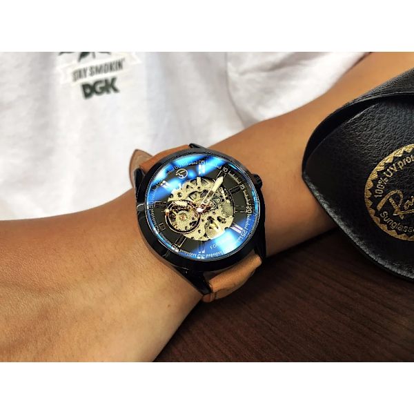 Forsining 2017 Herr Casual Watch Brunt äkta läderarmband Toppmärke Lyx Automatisk Watch Skelettklocka Black