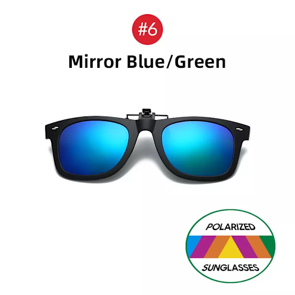 VIVIBEE Flip Up Clip on Solglasögon för män Körning Solglasögon Lättfiske Kvinna Anti-UVA UVB polariserad nattseende lins 6 Mirror Blue Green without case