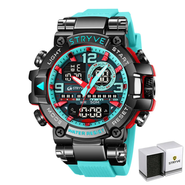 Ny STRYVE- watch för män Digital-Analog Dual Movement Lysande kalender Vattentäta klockor Mode Watch 8025 Lake Blue Box