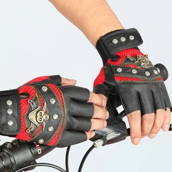 PU Läder Skull Punk Black Driving Motorcycle Bike Rider Fingerless Handskar Unisex Red