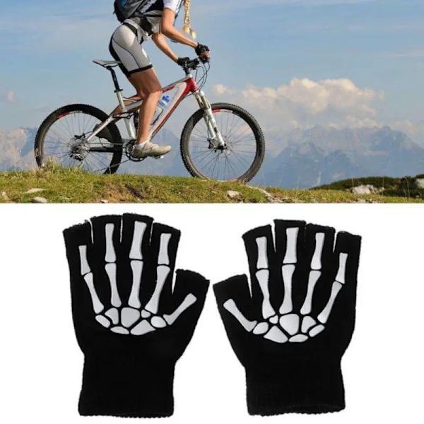 Lysande skelett fingerlösa handskar för män Kvinnor Tonåringar Skeleton Skull Cykling Vandring Vinterhandskar Gotiska stickade svarta handskar 1 pair free size
