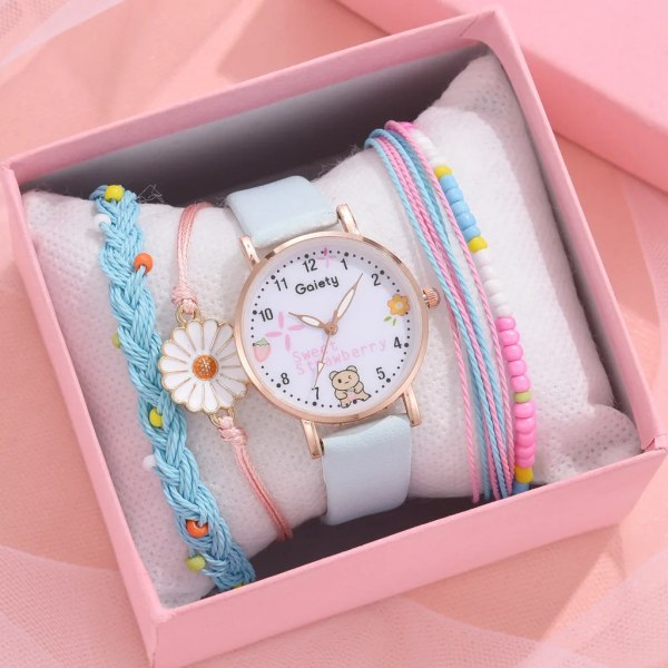 Nytt 5 st Damklocka Watch Set Läder Söt Björn Flickor Armbandsur Mode Dam Quartz Klocka reloj mujer Studentpresent B blue