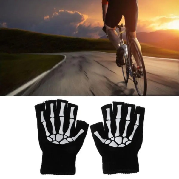 Lysande skelett fingerlösa handskar för män Kvinnor Tonåringar Skeleton Skull Cykling Vandring Vinterhandskar Gotiska stickade svarta handskar 1 pair free size