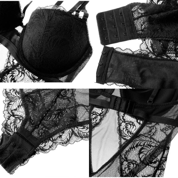 Sexig Spets Body Underkläder Dam Transparent Tull Ett stycke Push Up BH Strings Set Slim Fit Hollow Out Underkläder för kvinnor White