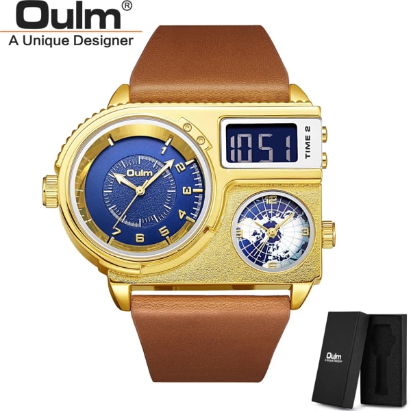 Oulm 5026 New Dual Display Två tidszon Watch Man Big Dial Quartz Clock Timmar Herr Armbandsur i äkta läder gold blue with box