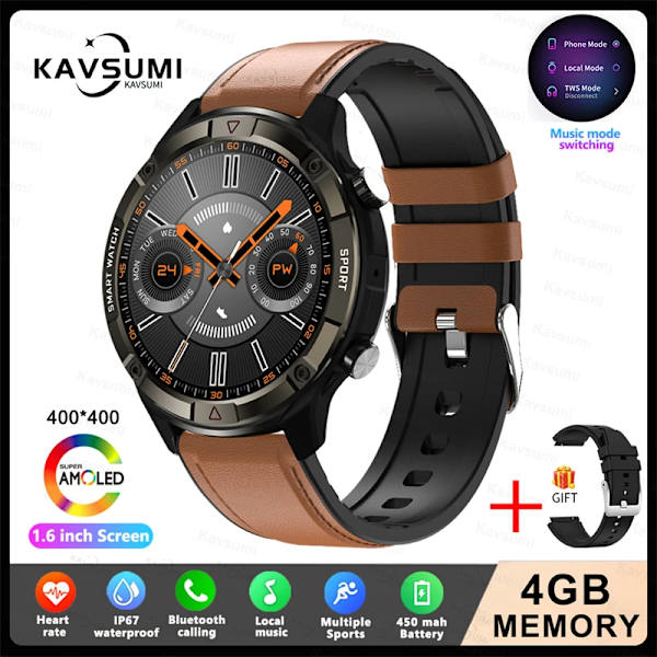 Ny 4G Memory Smart Watch AMOLED 454*454 HD Visa alltid tiden Bluetooth Ring Smartwatch For Herr Huawei TWS hörlurar Brown Leather 4GB Memory