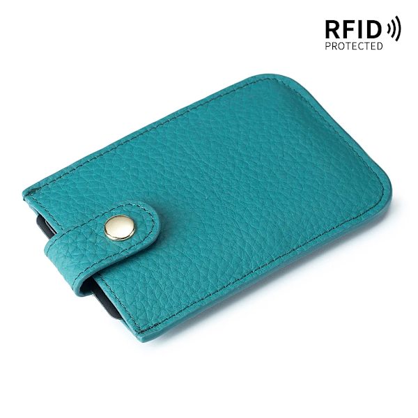 Smal korthållare i äkta läder Snabb åtkomst dragflik RFID-foder Mjuk kohud Män Kvinnor Bärbar cover. Turquoise Blue