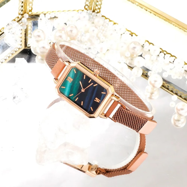 Damklockor Mode Square Dam Quartz Watch Armband Set Green Dial Simple Rose Gold Mesh Luxury Women Watches Black