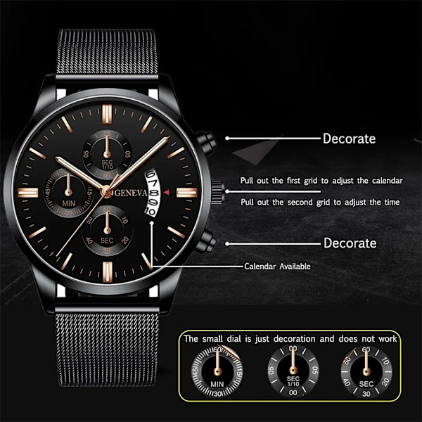 2023 Herrmode Business Kalender Klockor Herr Lyx Blå Rostfritt stål Mesh Bälte Analog Quartz Watch relogio masculino Black Blue