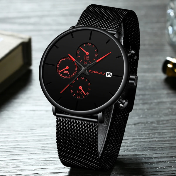 CRRJU Herrklockor Lyx Watch Unik design i rostfritt stål Auto Date Mesh Armband Män Mode Casual Quartz Klockor 2258-red BOX