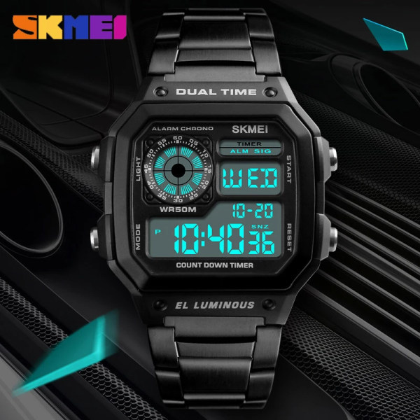 SKMEI Reloj Deportivo Digitala Herrklockor Herr Vattentät Watch Sport Armbandsur i rostfritt stål Relojes Deportivos Zegarek black wtih box