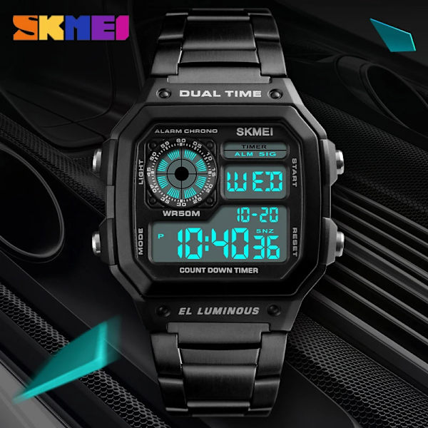 SKMEI Reloj Deportivo Digitala Herrklockor Herr Vattentät Watch Sport Armbandsur i rostfritt stål Relojes Deportivos Zegarek silver with box