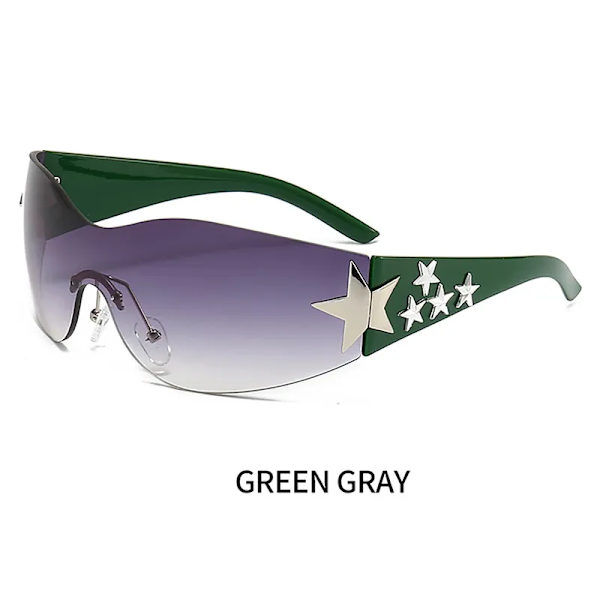Femuddig stjärna Rhinestone båglösa Y2K solglasögon Kvinnor Män Trendiga 2023'S Wrap Around Solglasögon Punk One Piece Goggles Silver