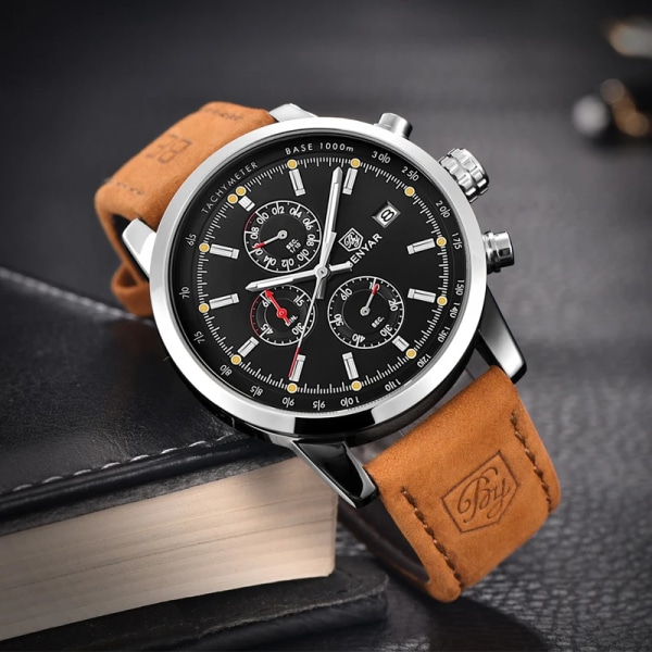 BENYAR Mode Chronograph Sport Herrklockor Toppmärke Lyx Quartz Watch Reloj Hombre saat Klocka Man timme relogio Masculino L Brown silver gray