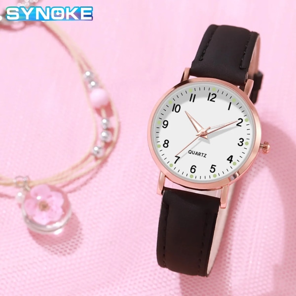 SYNOKE 2Piece Set Quartz Watch Flower Armband Dammode Enkelt bälte Armbandsur Lumino Student Girl Digital Watch Legering Case Black cherry blossom bracelet