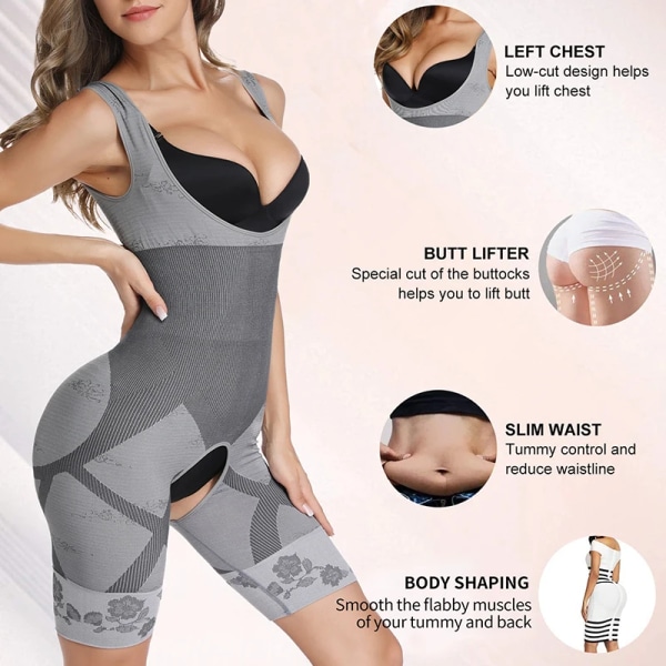 Slimmande underkläder för kvinnor Bodysuit Shapewear Öppen byst Waist Trainer Sömlös magkontroll Kort Black SM