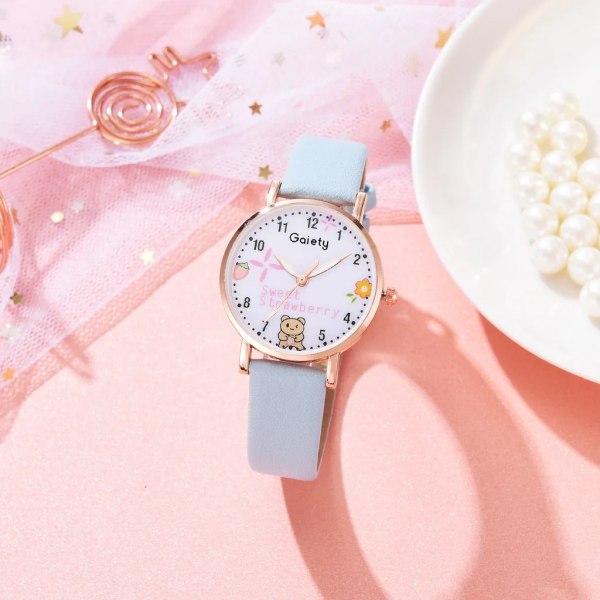 Nytt 5 st Damklocka Watch Set Läder Söt Björn Flickor Armbandsur Mode Dam Quartz Klocka reloj mujer Studentpresent A white