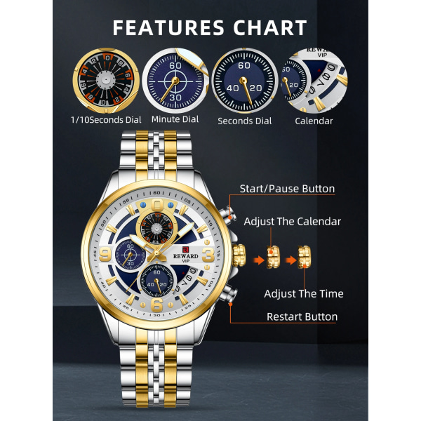 REWARD Design Quartz Armbandsur för män Sport Vattentäta klockor Rostfritt stål Kronograf Luminous Watch Black Black