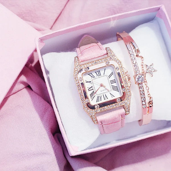2st Set Dam Watch Starry Square Urtavla Armband Klockor Set Dam Läderband Quartz Armbandsur Kvinnlig klocka Red
