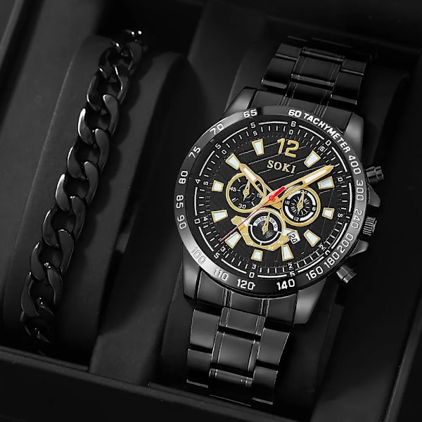 Herrklockor Casual Business Quartz Rostfritt stålband med Auto Date Luminous Watch Set 1st watch och 1st armband Gold