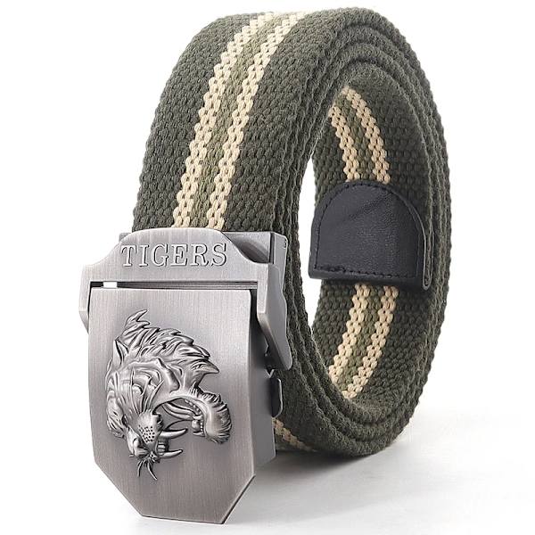 Ny canvas utomhus taktiskt armébälte 3D tigerhuvud Emblem metallspänne unisex jeansbälte för män Militärbälte Man sportrem Army green stripes 110cm