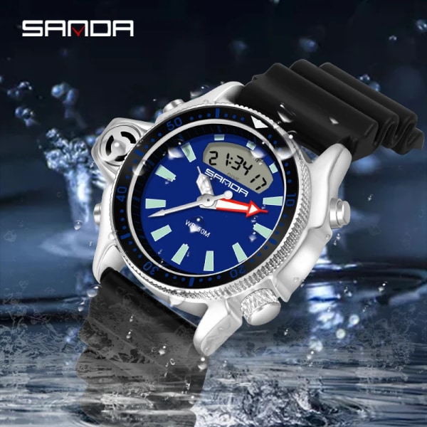 SANDA Sport Män Quartz Digital Watch Creative Dyk Watches Herr Vattentät Alarm Watch Dual Display Klocka Relogio Masculino Black blue