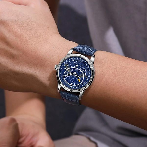 Mode Kreativitet Märkesklockor För män Lysande stjärnhimmel Design Watch Comfort PU Läder Herr Armbandsur Klocka blue