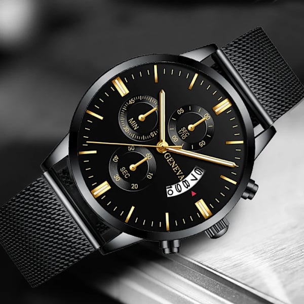 2023 Herrmode Business Kalender Klockor Herr Lyx Blå Rostfritt stål Mesh Bälte Analog Quartz Watch relogio masculino Black Gold