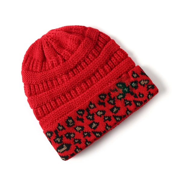 10 Färger Leopard Beanie Kvinnor Stretch Stickad Virkad Beanies Vintermössor För Kvinnor Varma Dam Messy Red One Size