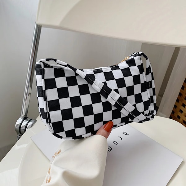 Shopperväska för kvinnor Trend Rutigt Print Nylon Handväska Kvinnlig Axelväskor för tjejer Billig kvalitet Små plånböcker Nyhet Grey