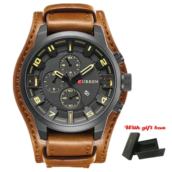 CURREN Toppmärke Sport Herrklockor Man Klockor Date Sport Militärklocka Läderrem Quartz Watch Present 8225 brownblackyellowbox