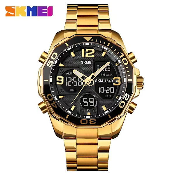 SKMEI 1649 Roterbar Ring Quartz Digital Herrarmbandsur Chrono Alarm Man Clock reloj hombre Dual Movement Sport Herrklockor Gold