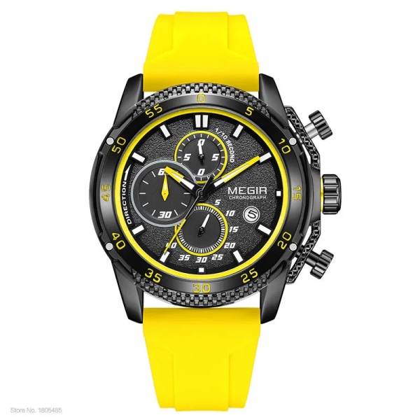 MEGIR Watch för män Mode Silikonband Chronograph Quartz Armbandsur med Auto Date Lysande visare 3atm Vattentät 2211 Yellow