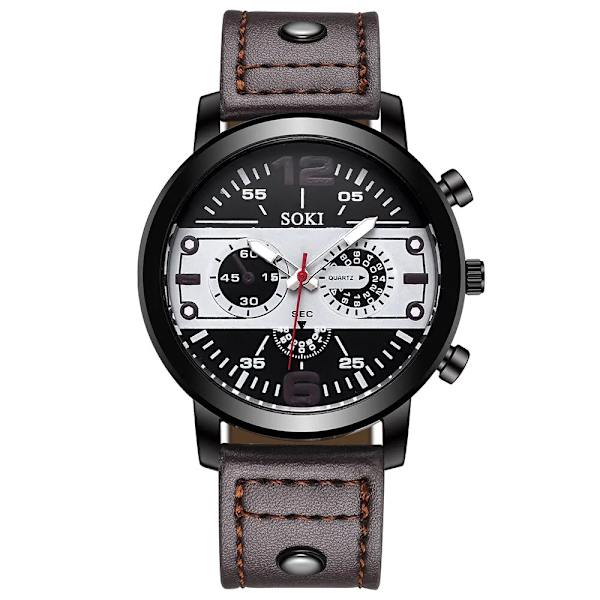 Man Fashionabla personlighet rund watch svart läder kvarts watch Brown