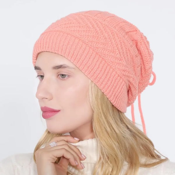 Mode Stretchig Stickad Skullies Beanies Hatt Solid Snood Halsduk Varm Beanie För Kvinnor Höst Vinter Kvinnlig Beanie Mössa Pink One Size
