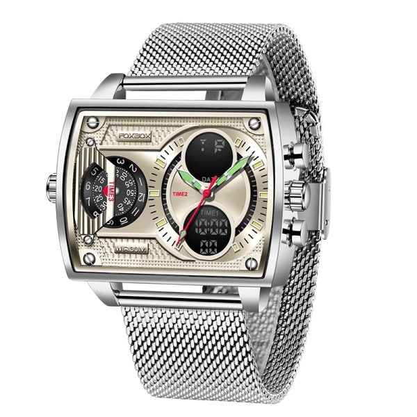 2023 Toppmärke Lyx Watch Mode Fyrkantig watch Herr Casual Vattentät Dubbel Display Klockor Relogio Masculino+BOX silver white