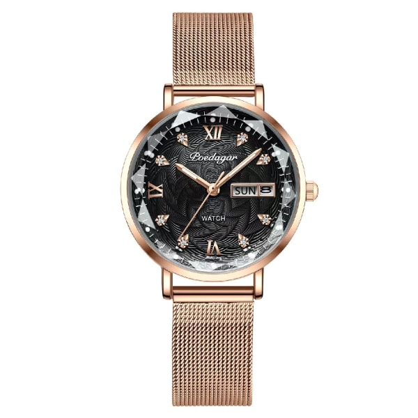 POEDAGAR Modeklänning Watch Lyx Elegant Vattentät Lysande Date Week Quartz Damklockor Present Casual relojes para mujer Rose Gold Black Mesh