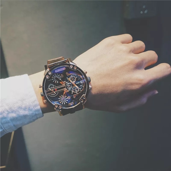 Nya Big Dial Klockor Herr Svart Brunt Läderband Hip-hop Military Army Quartz Armbandsur Manklocka Hodinky Relogio Masculino Brown Leather White