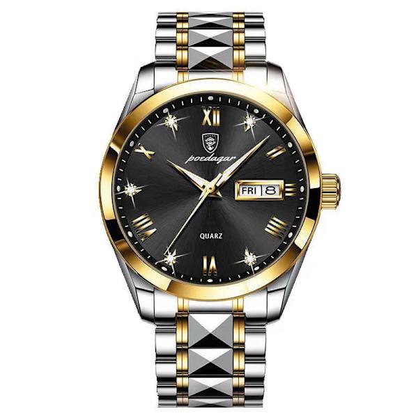 POEDAGAR Klockor i lyxstil Herr 2023 Mode Rostfritt stål Vattentät kalendervecka Quartz Gold Watch For Man Reloj Hombre GB
