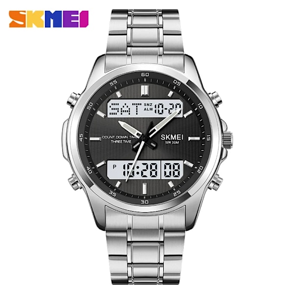 SKMEI klockor för män Business Rostfritt stål Lysande Vattentät Dual Display Manklocka Digitala klockor Relogio Masculino Silver White