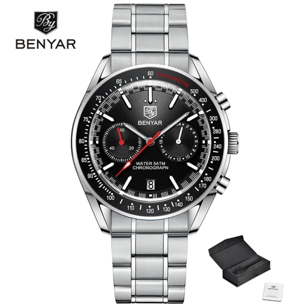 2023 Ny BENYAR Watch för män Lyx kvarts kronograf herrklockor Sport Vattentät Automatisk självlysande klocka Reloj Hombre Silver Black