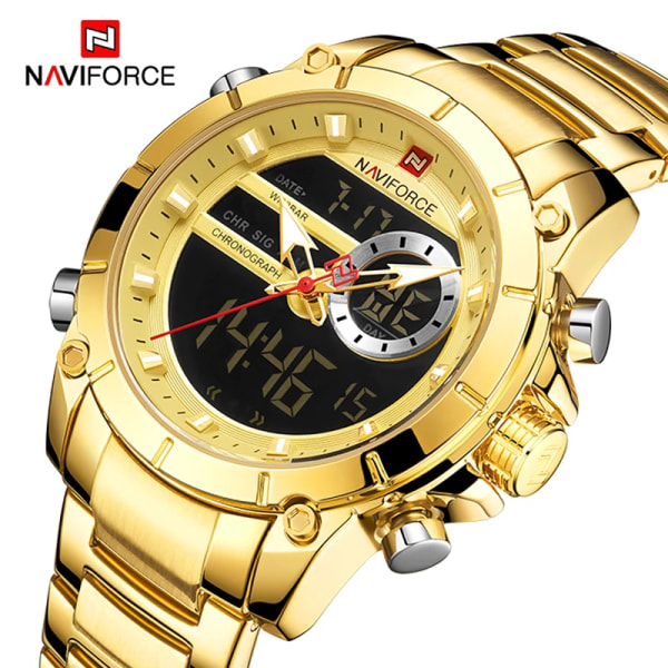 NAVIFORCE Luxury Original Watch för män Kvartsstål Vattentät Dual Display Modeklockor Relogio Masculino 9163 GG